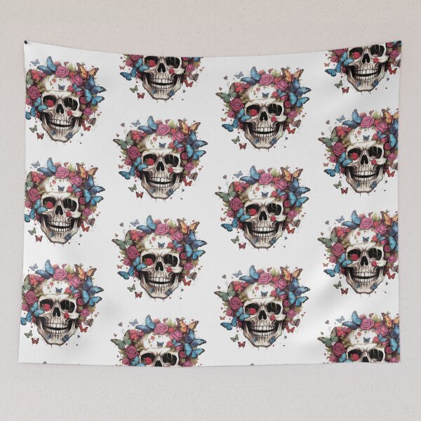 Item preview, Happy smiling skull with butterflies and rosses designed and sold by GoodThings66.