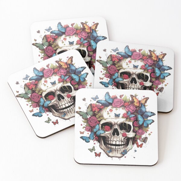 Item preview, Happy smiling skull with butterflies and rosses designed and sold by GoodThings66.