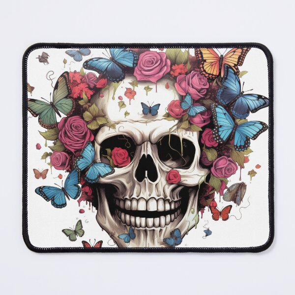 Item preview, Happy smiling skull with butterflies and rosses designed and sold by GoodThings66.