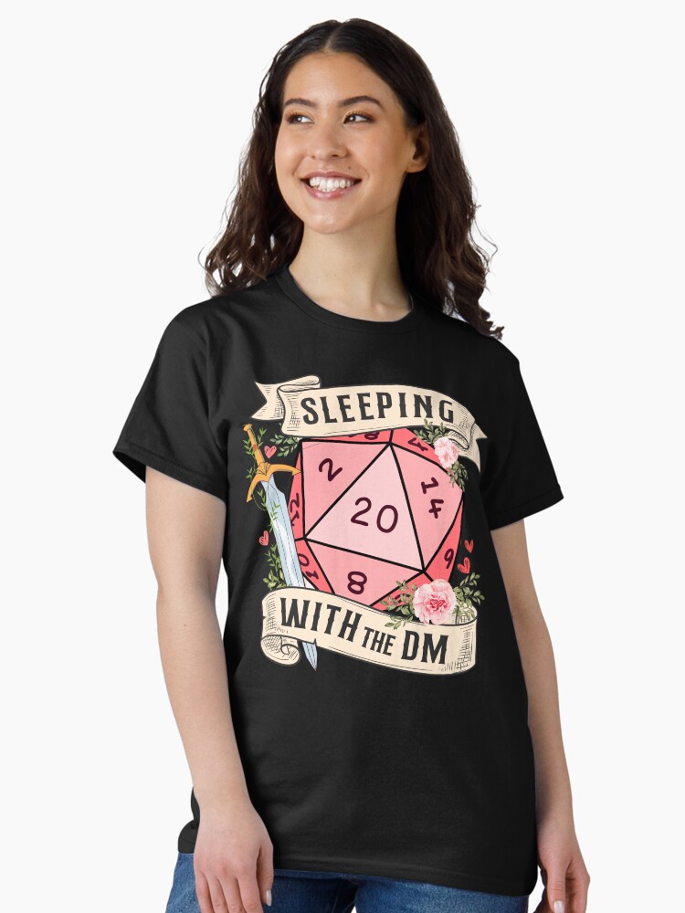 Thumbnail 2 of 7, Classic T-Shirt, SLEEPING WITH THE DUNGEON MASTER: Cute D20 dnd dice with flowers and sword designed and sold by DungeonAtelier.