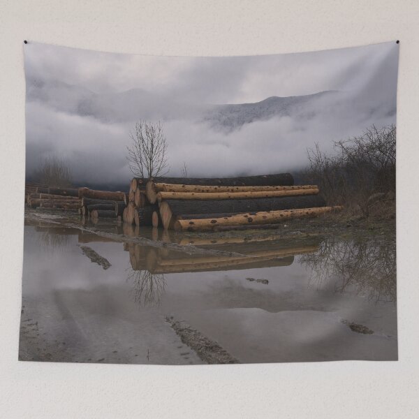 Item preview, Timber Logs With A Foggy Mountain View designed and sold by rawshutterbug.