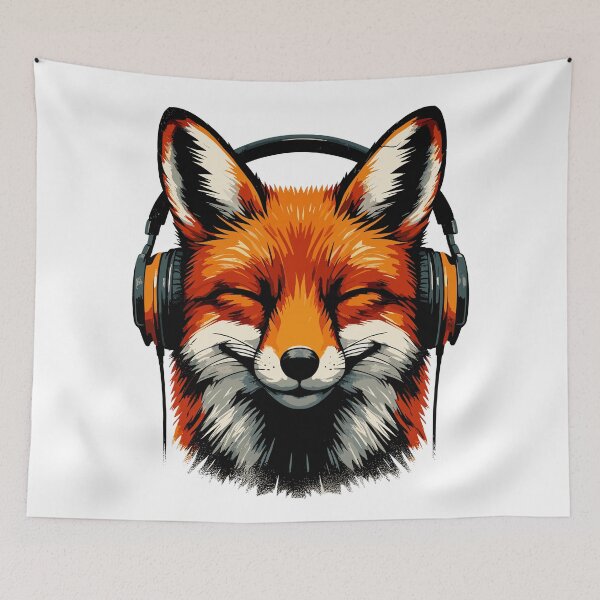 Item preview, Funny Smiling musical fox wearing headphones designed and sold by TomFrontierArt.