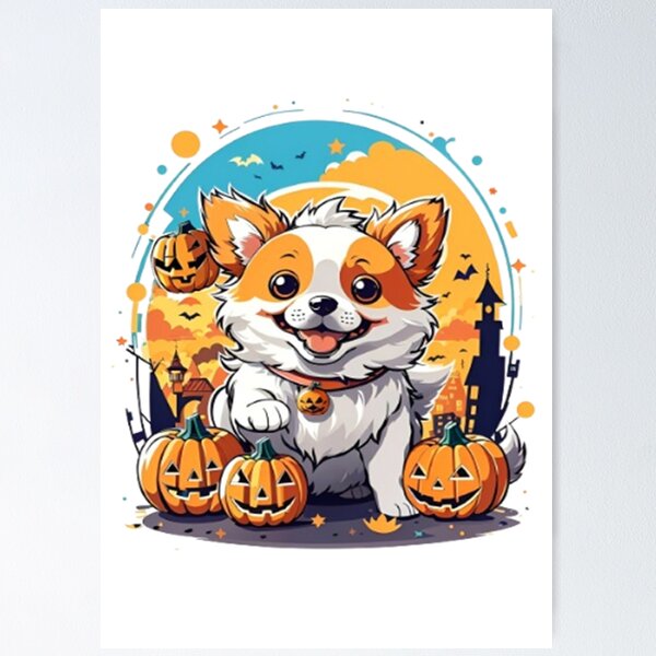 Item preview, Kawaii Dogs playing with a small pumpkin ball, designed and sold by pizzaboyin.