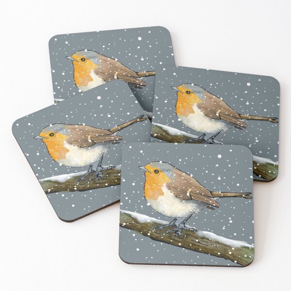Item preview, English Robin on Branch in Snow Snowflakes Falling BIRD in Winter designed and sold by JoyfulWhimsy.