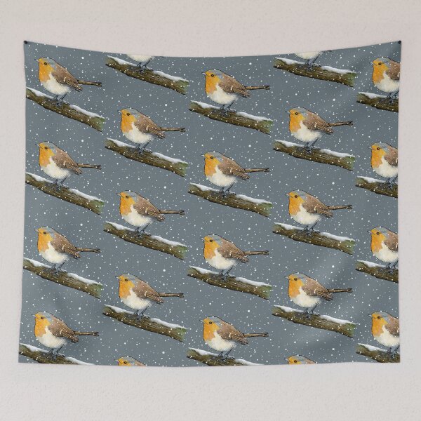 Item preview, English Robin on Branch in Snow Snowflakes Falling BIRD in Winter designed and sold by JoyfulWhimsy.