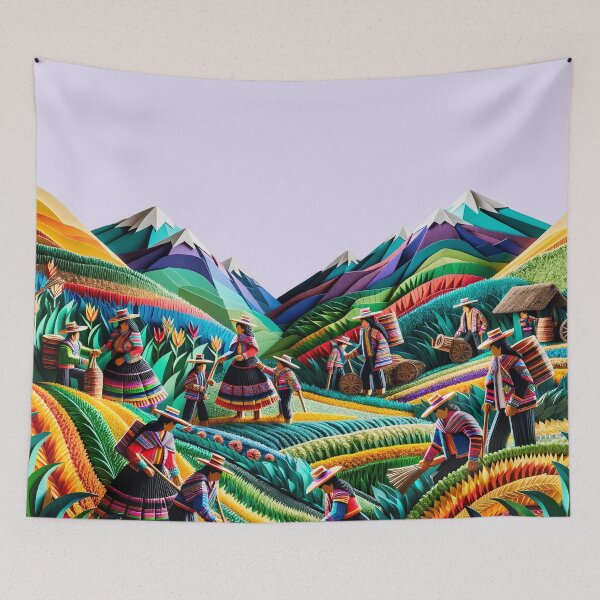 Item preview, Dynamic Artwork of Peruvian Family Harvesting Andes Fields Colorful Flowers designed and sold by ARVA-Digital.