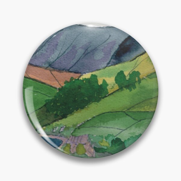 Item preview, Long view watercolour landscape with fields, mountains and a lake in poster style. designed and sold by Liz Loasby.