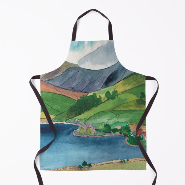 Item preview, Long view watercolour landscape with fields, mountains and a lake in poster style. designed and sold by Liz Loasby.
