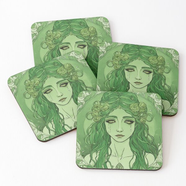 Item preview, Crying Sad Green Woman Goddess Art Nouveau designed and sold by GoddessNouveau.