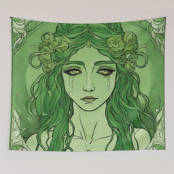 Item preview, Crying Sad Green Woman Goddess Art Nouveau designed and sold by GoddessNouveau.
