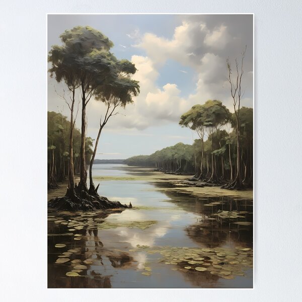 Item preview, A body of water in the mangrove forest, vintage oil painting designed and sold by CreativeSparkzz.