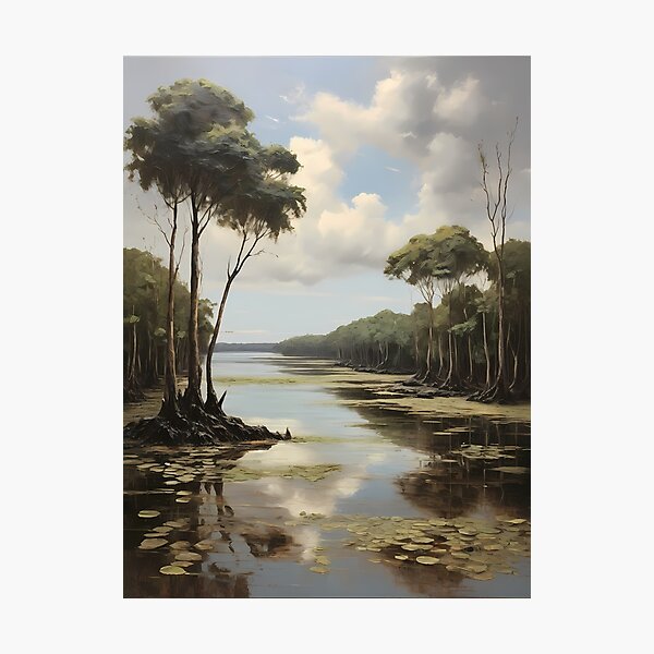 Item preview, A body of water in the mangrove forest, vintage oil painting designed and sold by CreativeSparkzz.