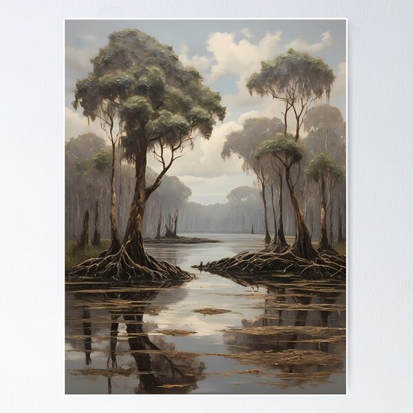 Item preview, A body of water in the mangrove forest, vintage oil painting designed and sold by CreativeSparkzz.