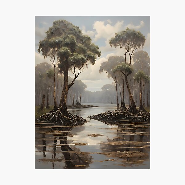 Item preview, A body of water in the mangrove forest, vintage oil painting designed and sold by CreativeSparkzz.