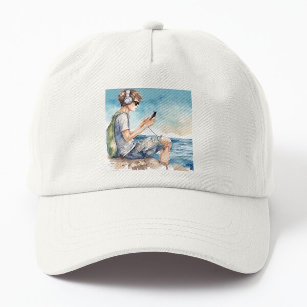 Item preview, Jeune homme assis au bord de la mer avec un téléphone portable, des écouteurs et des lunettes de soleil à l'aquarelle. designed and sold by kreativeadern.