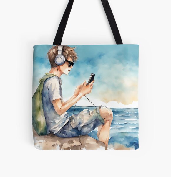 Item preview, Jeune homme assis au bord de la mer avec un téléphone portable, des écouteurs et des lunettes de soleil à l'aquarelle. designed and sold by kreativeadern.