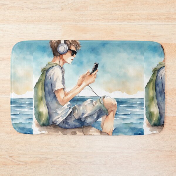 Item preview, Young man sitting by the sea with cell phone, headphones and sunglasses in watercolor. designed and sold by kreativeadern.