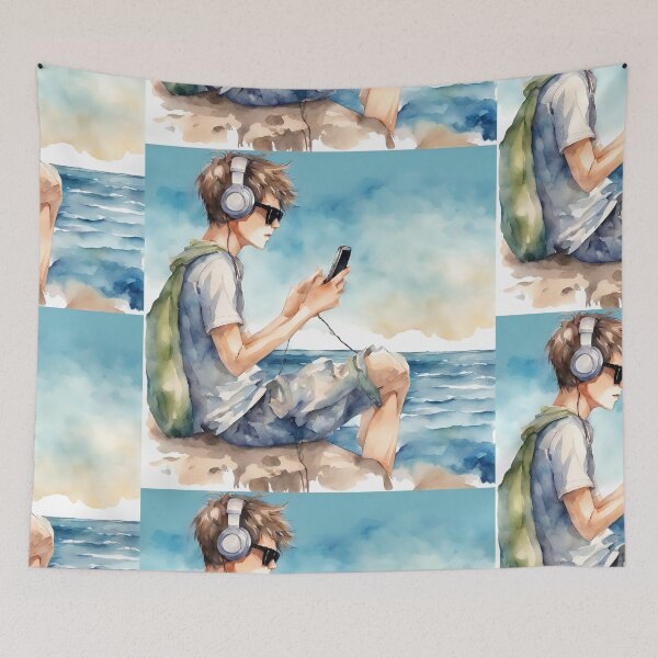 Item preview, Young man sitting by the sea with cell phone, headphones and sunglasses in watercolor. designed and sold by kreativeadern.