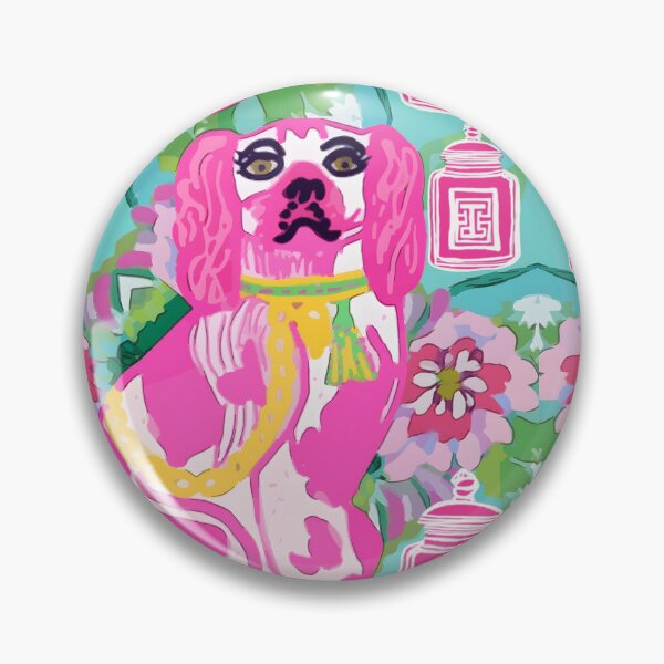 Item preview, Hot pink Staffordshire dogs and chinoiserie jars on turquoise designed and sold by SophieClimaArt.