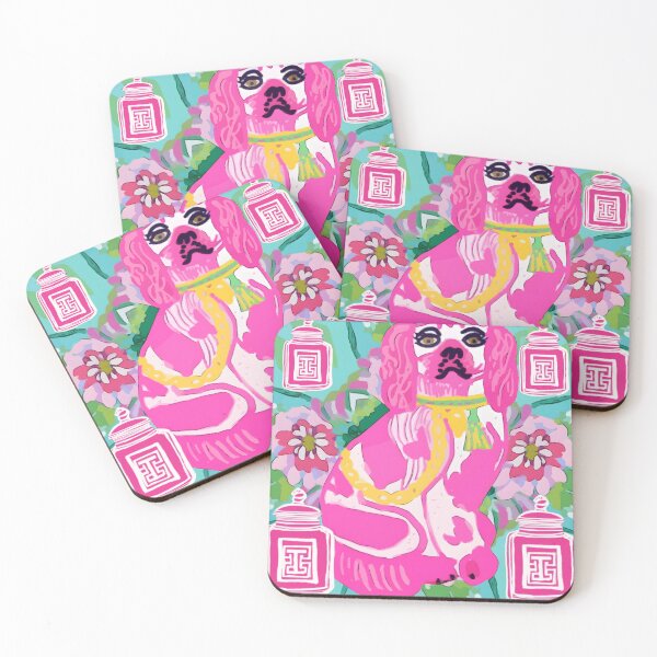 Item preview, Hot pink Staffordshire dogs and chinoiserie jars on turquoise designed and sold by SophieClimaArt.