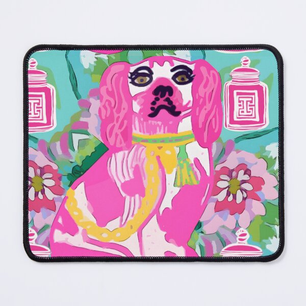Item preview, Hot pink Staffordshire dogs and chinoiserie jars on turquoise designed and sold by SophieClimaArt.