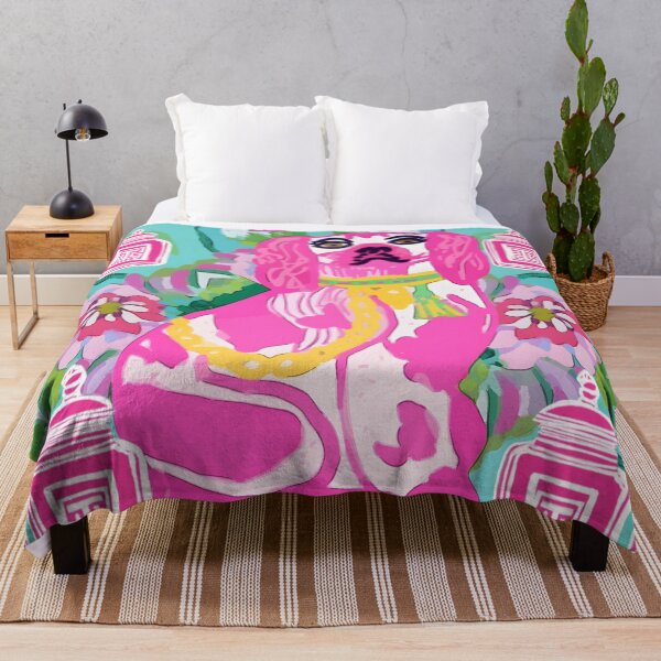 Item preview, Hot pink Staffordshire dogs and chinoiserie jars on turquoise designed and sold by SophieClimaArt.