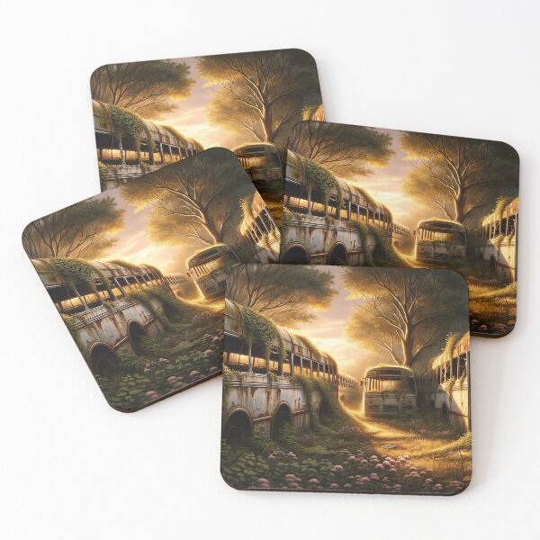 Item preview, Sunset Serenade: Nature's Embrace Over Forgotten Buses designed and sold by ArtComixHaven.