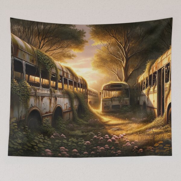 Item preview, Sunset Serenade: Nature's Embrace Over Forgotten Buses designed and sold by ArtComixHaven.