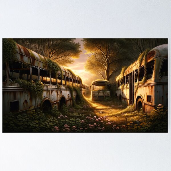 Item preview, Sunset Serenade: Nature's Embrace Over Forgotten Buses designed and sold by ArtComixHaven.