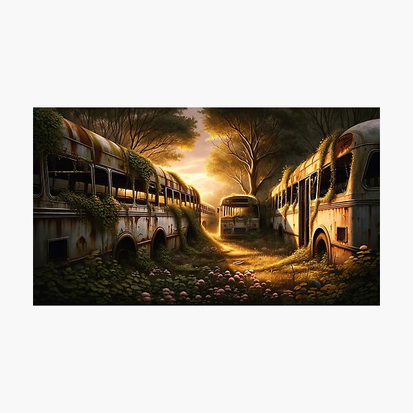 Item preview, Sunset Serenade: Nature's Embrace Over Forgotten Buses designed and sold by ArtComixHaven.