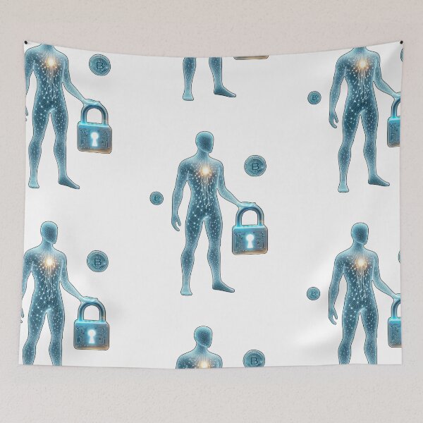 Item preview, Man with Lock and Bitcoin Tokens Symbolizing Decentralization designed and sold by kylmllr101684.
