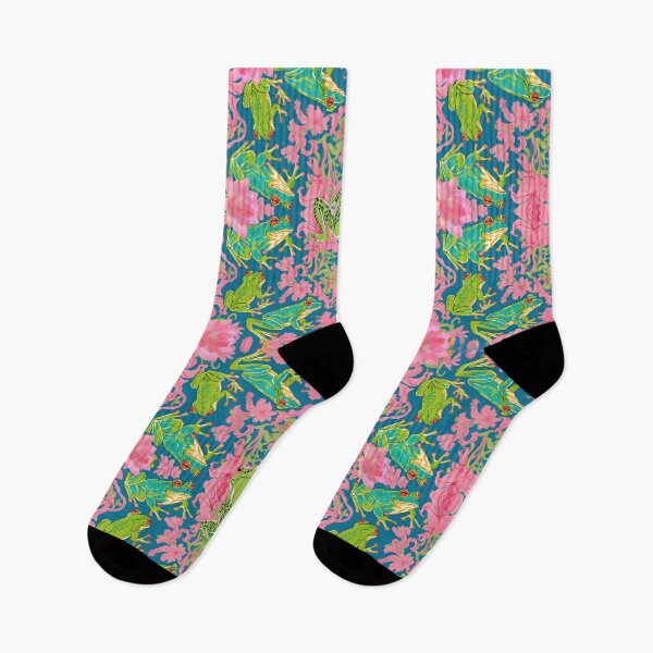 Item preview, Cute frogs and pink waterlilies toile designed and sold by SophieClimaArt.