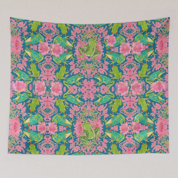 Item preview, Cute frogs and pink waterlilies toile designed and sold by SophieClimaArt.