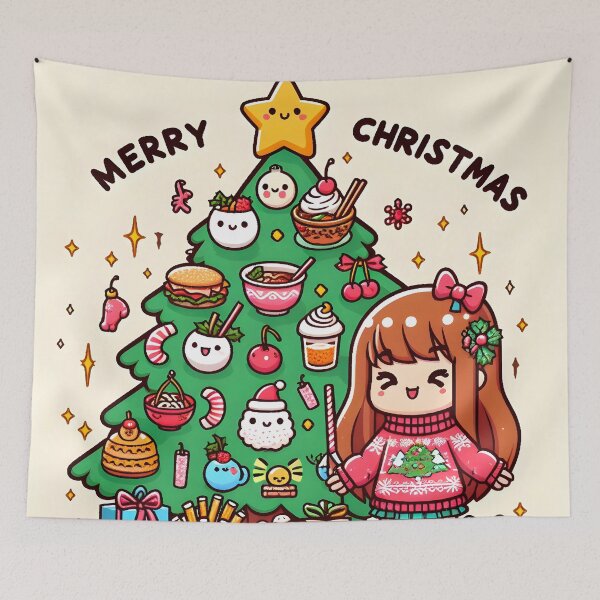 Item preview, Lindo árbol de Navidad de comida japonesa Kawaii con texto "Feliz Navidad" - 1 designed and sold by StellaArtz.