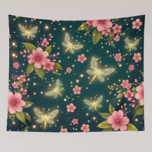 Item preview, Glowing Gardens: Pink Flowers on Dark Green designed and sold by LyssasMindArt.
