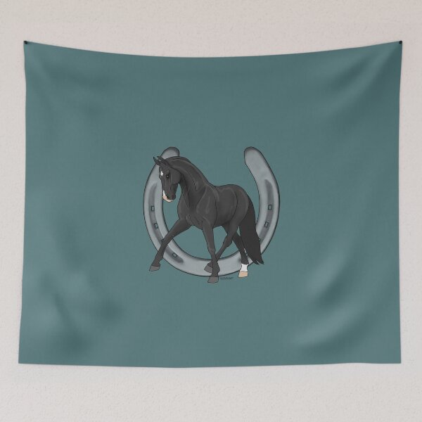 Item preview, Black Warmblood Horse Half Pass with Horseshoe designed and sold by DappledMoon.