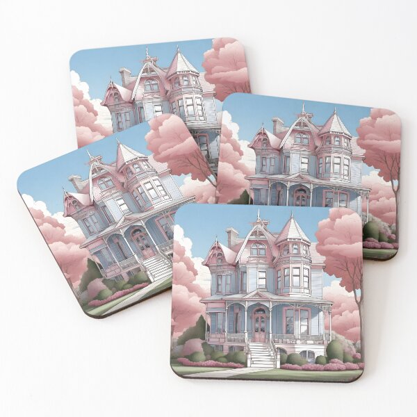 Item preview, Shabby Chic Pink and Blue Victorian House Painting  designed and sold by SloganExpress.