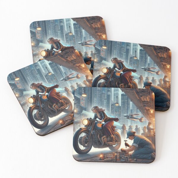 Item preview, Girl Riding A Cafe Racer in a Sci Fi city designed and sold by BoldandBiker.