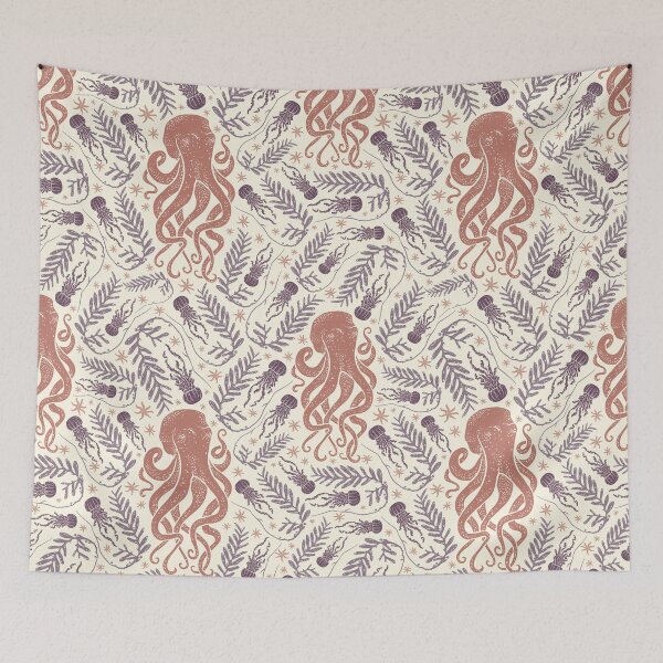 Item preview, Brown octopus amoung little jellyfish and seaweed designed and sold by Pinata.