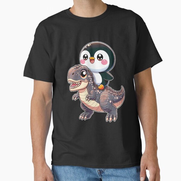Vista previa del artículo con la obra «Pingüino Kawaii Montando T-Rex - Hora de Aventura Gunter», diseñado y vendido por DesignDoodleArt.