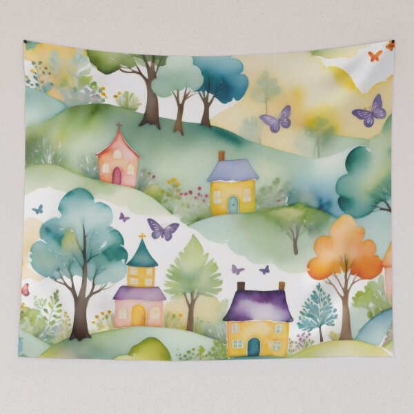 Artikelvorschau, Verträumtes Walddorf in Stoffcollage entworfen und verkauft von PanoramaPrints.