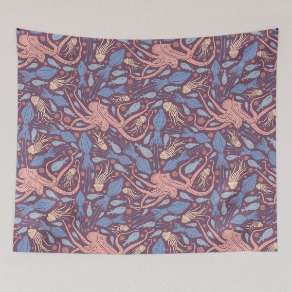 Item preview, Pink octopus with blue squid and jellyfish on dark background designed and sold by Pinata.
