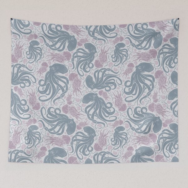 Item preview, Grey octopus amoung pink jellyfish and seashell designed and sold by Pinata.
