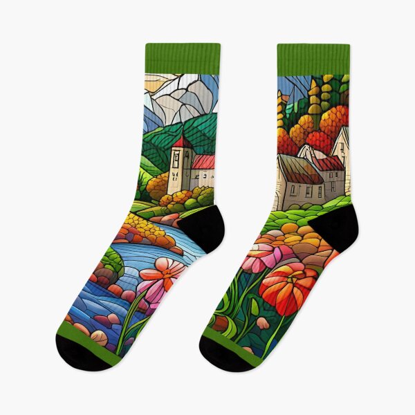 Item preview, Stained Glass Colorful Mountain Village designed and sold by ChanceTwoArt.