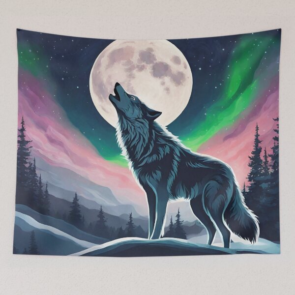 Item preview, Wilderness Forest Northern Lights Aurora Borealis Full Moon Howling Wolf designed and sold by LEILA ART SPACE.
