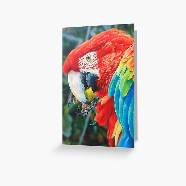 Realistic Green Winged Macaw Acrylic Wildlife Painting by Alvaro Miranda Greeting Card