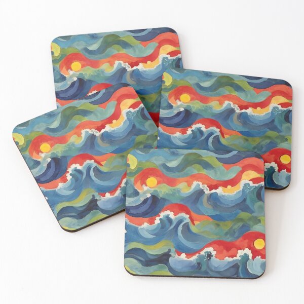 Item preview, Colorful Landscape With Red Sunset Over Great Blue Waves Painting designed and sold by Zazizu.