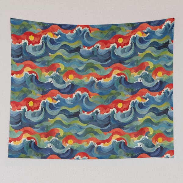 Item preview, Colorful Landscape With Red Sunset Over Great Blue Waves Painting designed and sold by Zazizu.