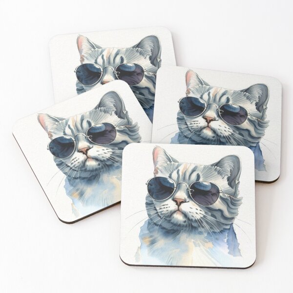 Item preview, British shorthair cat with sunglasses, watercolor, white background designed and sold by paolboa.