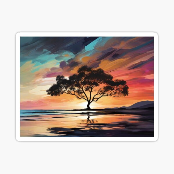 Item preview, Watercolor silhouette tree at sunset on the beach abstract colorful. designed and sold by athurbubble.